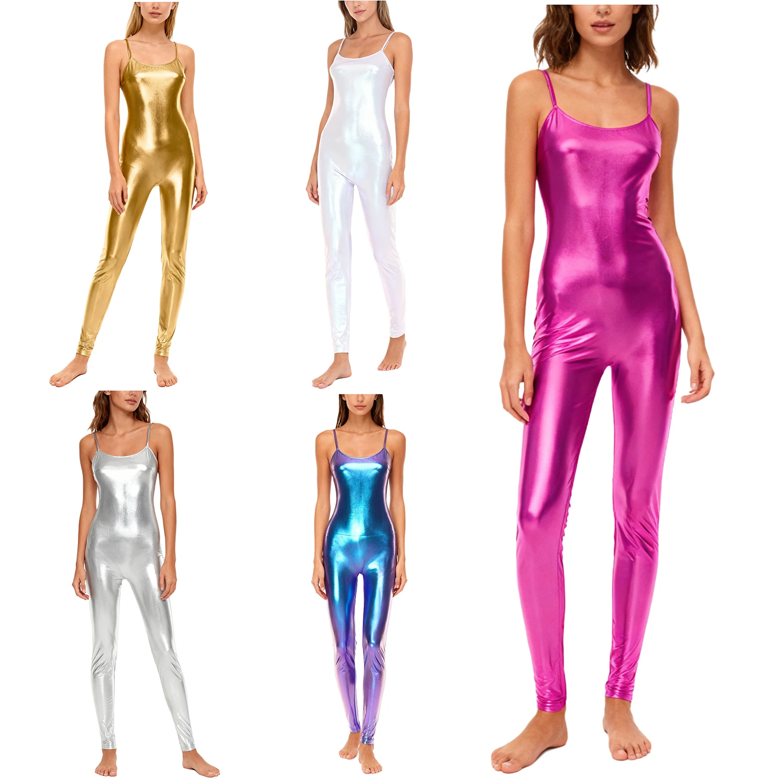 

Women Metallic Shiny Sleeveless Sling Jumpsuit Bodysuit Back Zip Leggings Bodycon Active Rompers for Gymnastics Raves Party