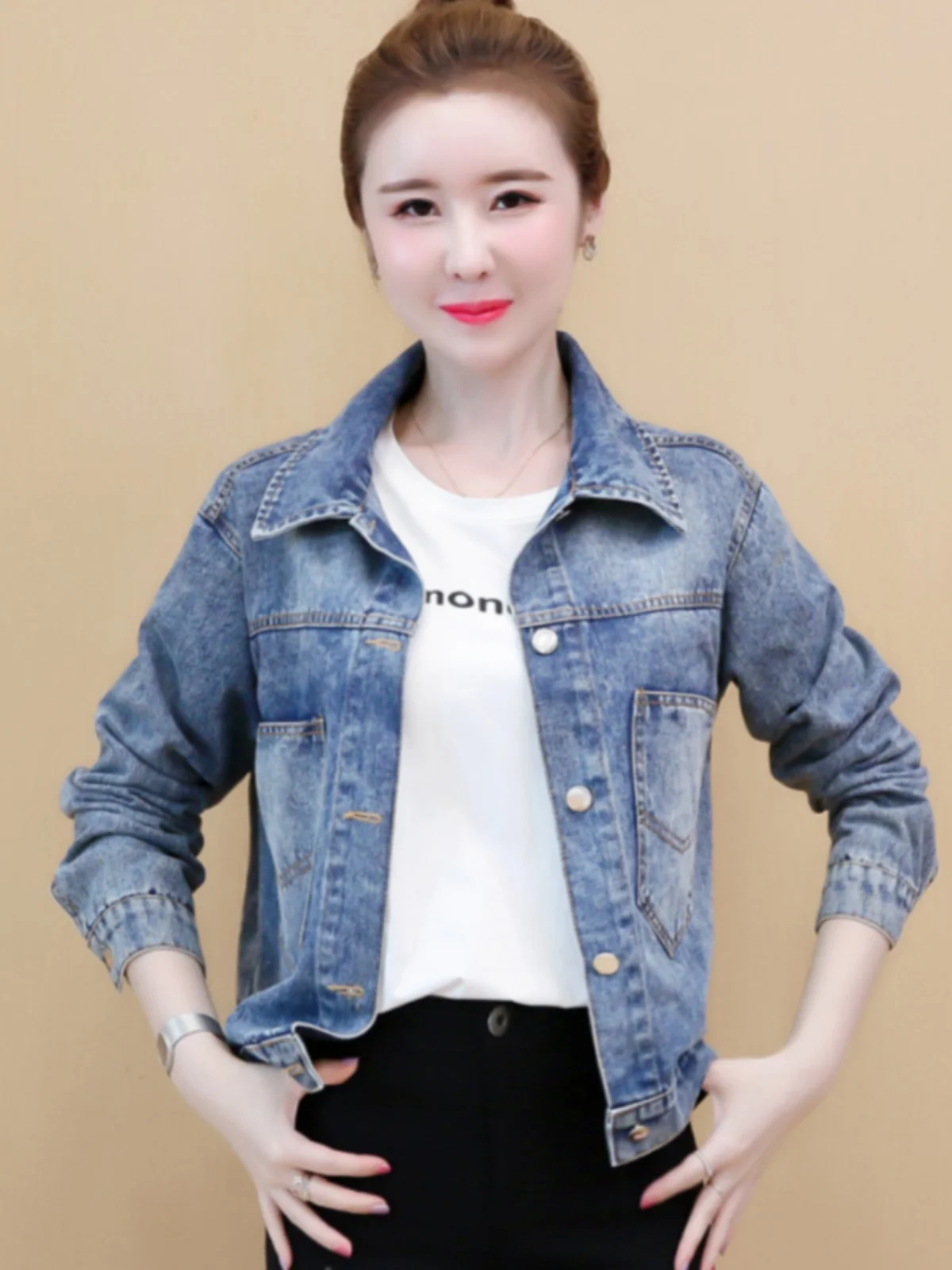 Printemps automne 2025 ample coréen Sle Denim Jaet ort vêtements d'extérieur femmes minceur polyvalent strass à motifs Jaet