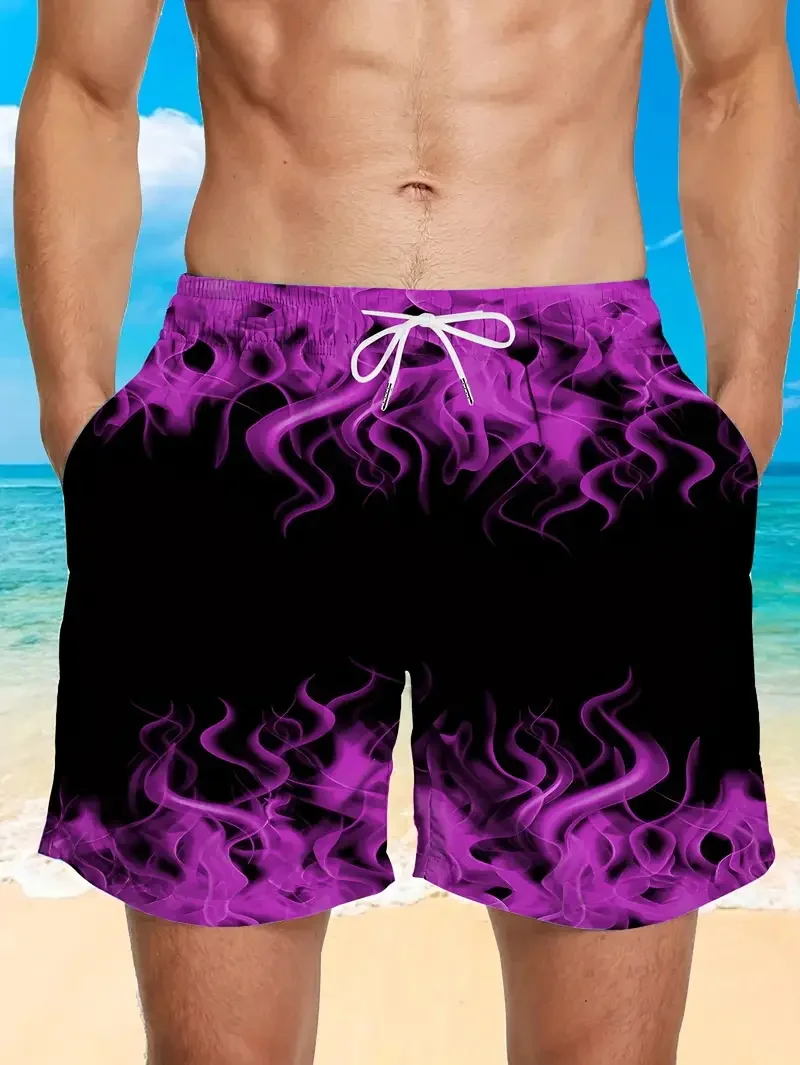3D Print Vibrant Flame Graphic Beach Shorts For Men Summer Casual Plus Size Men's Hawaiian Style Shorts Men's Swim Trunks