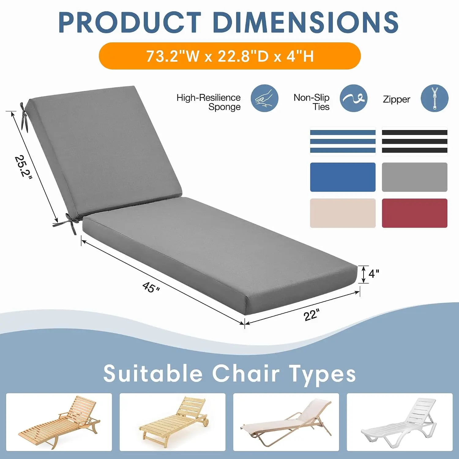Outdoor Lounge Chair Cushion Set of 2, 73.2x22.8x4 Inch Pool Chaise Cushion Weather Fade Tear Resistant Fabric, Customized