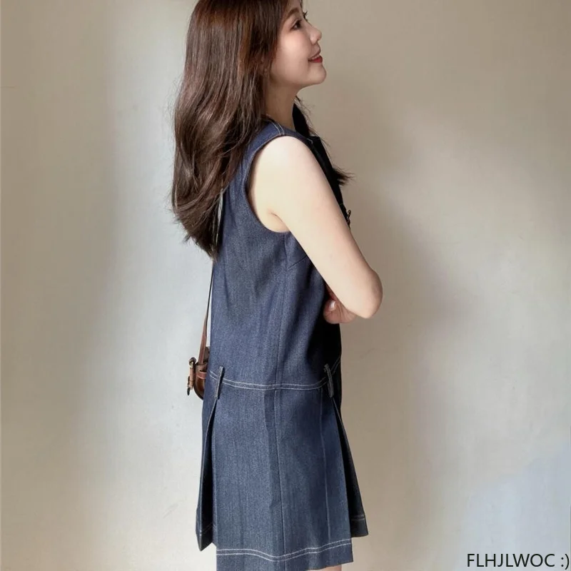 Abiti da camicia senza maniche nuovo Design donna ufficio Lady Girls All-Match Solid Ruffles Mini Blue Jeans Denim Dress