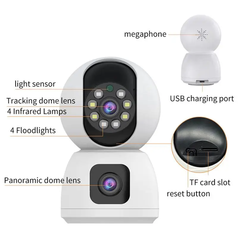 WiFi Security Camera Wide Angle Indoor Monitoring Camera Night Vision Dual Lens Camera With Motion Detection Two-Way Audio For