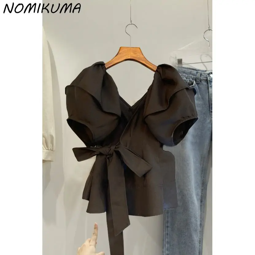 Nomikuma-Camisa de manga abombada para mujer, blusa informal con lazo y cuello en V, Top de moda sólida coreana elegante, 2023