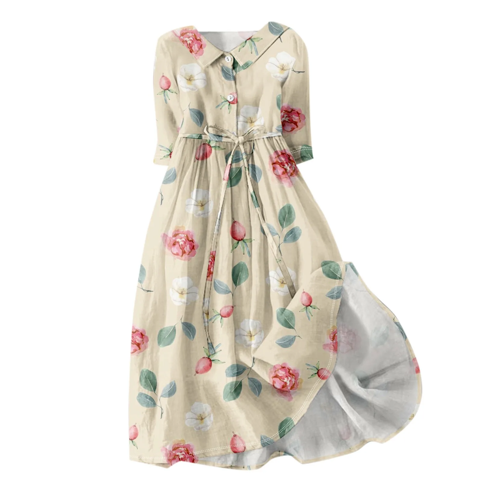 Summer Light Gauze Dress Retro Floral Print Lapel Mini Skirt Button Up Half Cuffs Tie Up Dress Princess Floating Gauze Dress