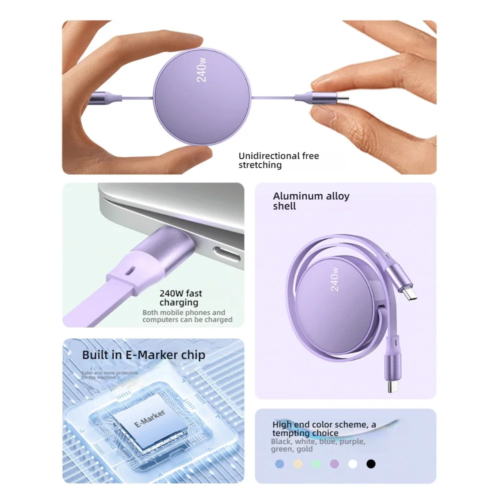 PD 240W USB C a USB C Cable Cable de carga rápida retráctil para iPhone 16 Huawei Xiaomi Samsung tipo C accesorios de carga rápida