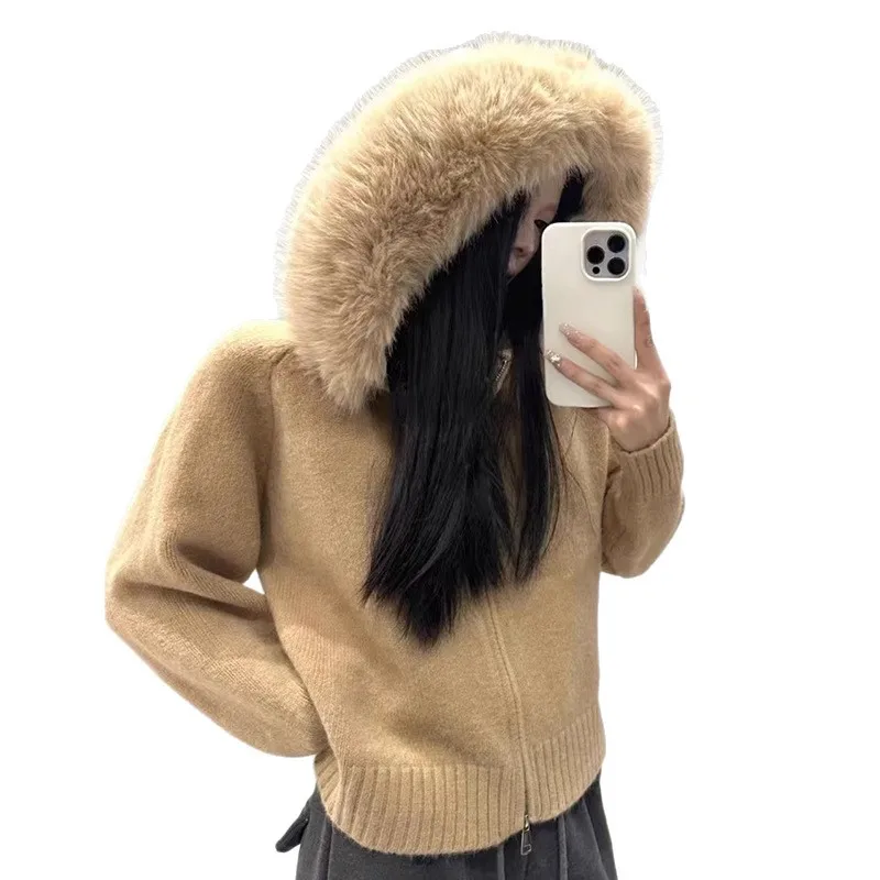 Duży kołnierz z futra, koreański retro sweter rozpinany na jesień i zimę dla kobiet, luźny i swobodny, z długim rękawem, z kapturem, płaszcz.