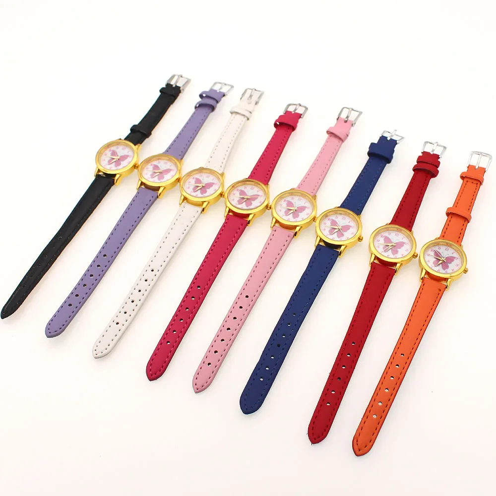8Pcs Kids Analog Quartz Wristwatch with Beautiful Butterfly Gifts Leather Band Cartoon Design Elegant Alloy Face for Children