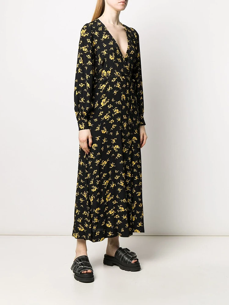 Yellow and black color collision floral long dresses vintage elegant wrap long-sleeved lace-up Slim V-neck slit women's dress