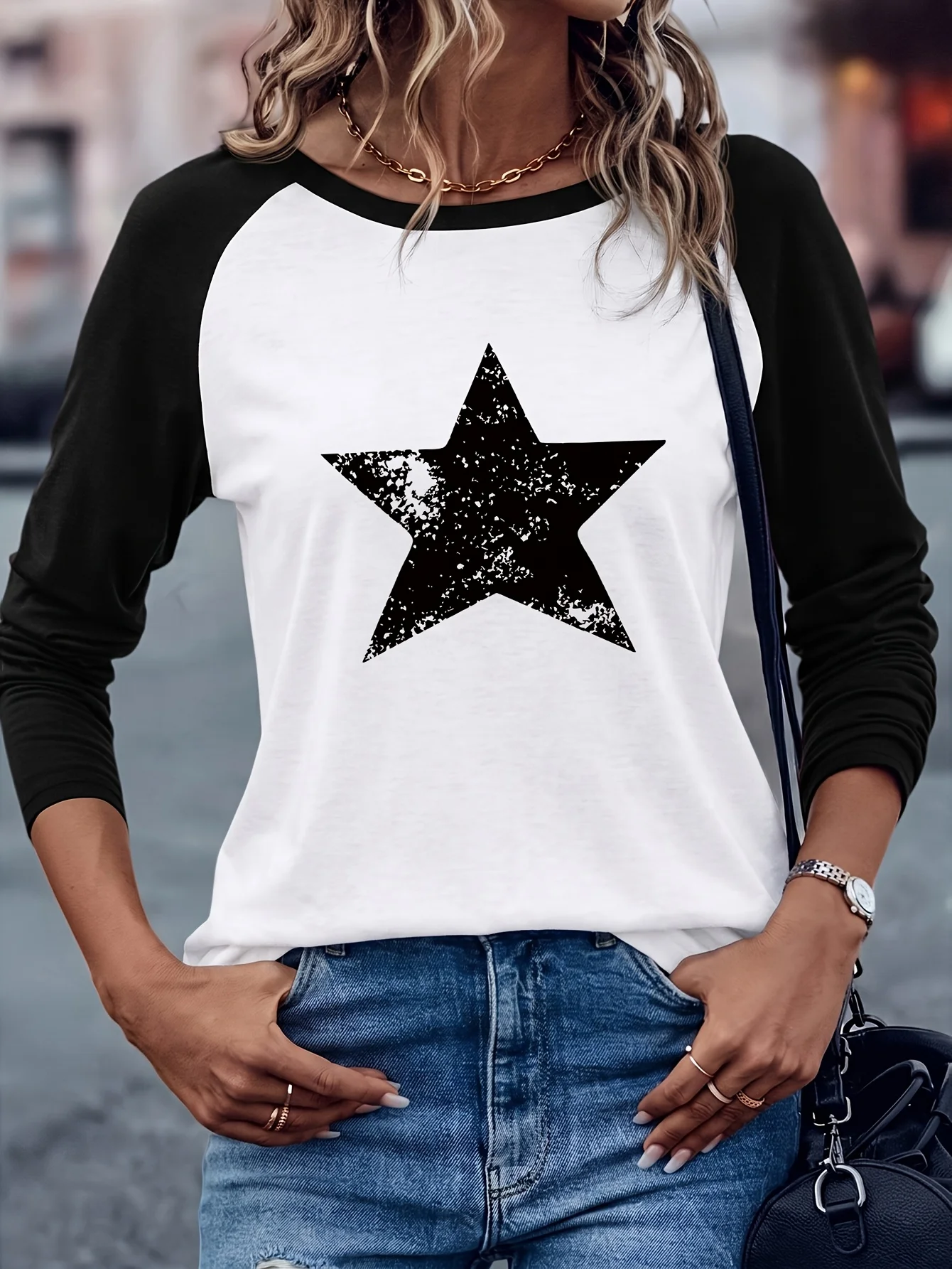2026 Daily Wear Star Print Geometric Pattern Raglan Long Sleeve T Shirt Casual Loose Top For Everyday Outfit view 3