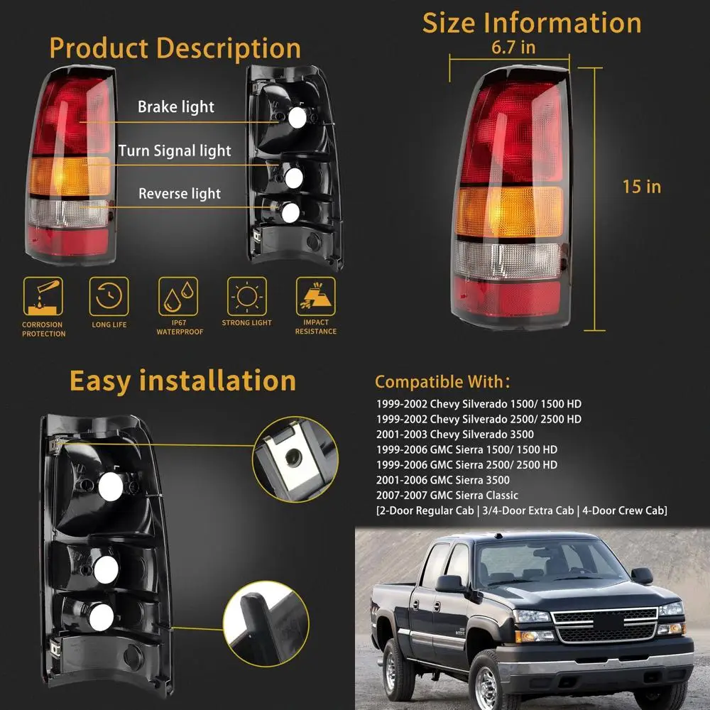 

1999-2006 Chevy Silverado 1500/2500 & GMC Sierra Red Rear Brake Lamps, Black Edge, Driver & Passenger Side, No Bulb