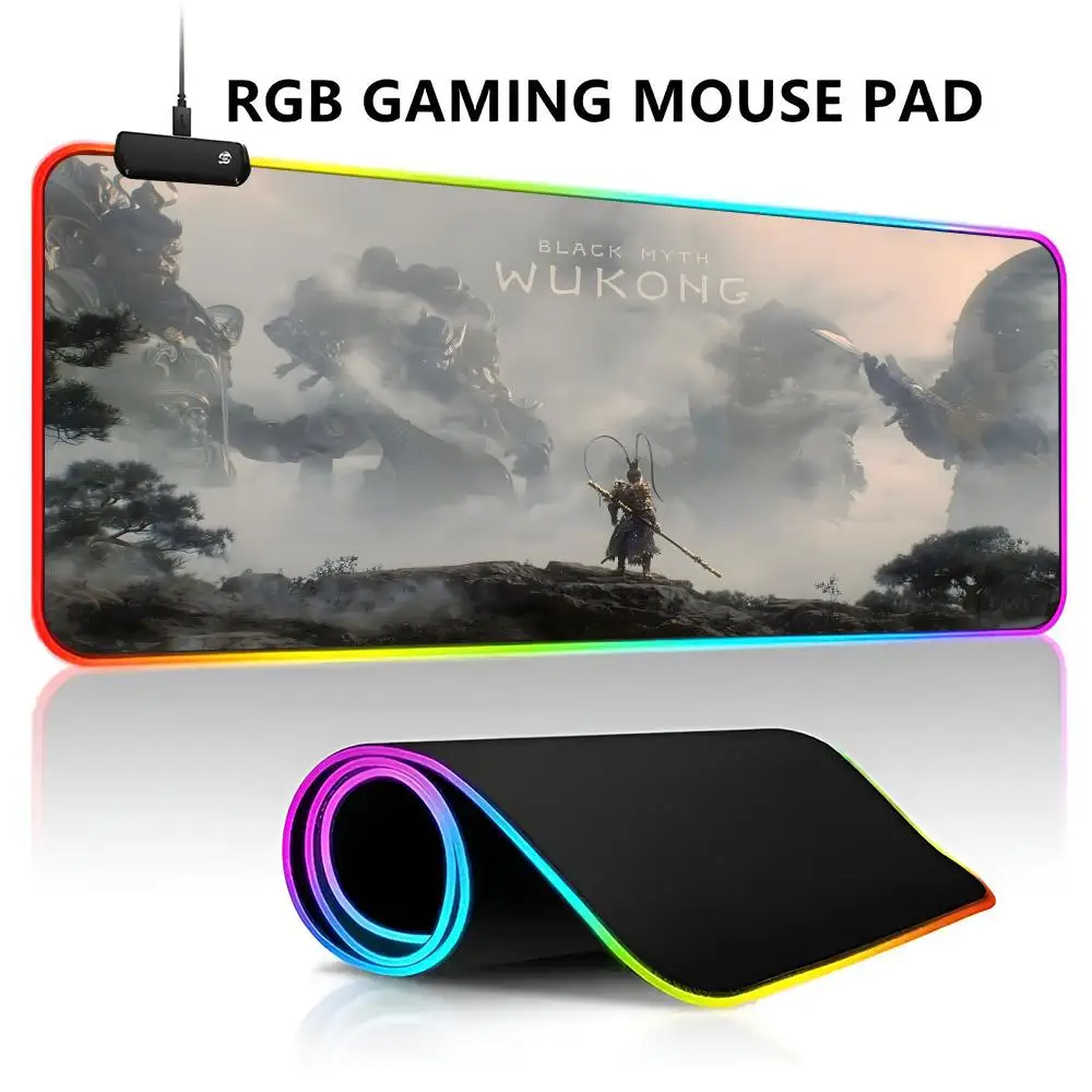 Black Myth Wukong Mouse Pad RGB LED Light Gaming Mousepad Waterproof Large Gamer Mause Keyboard Pad PC Desk Play Mat with Backli