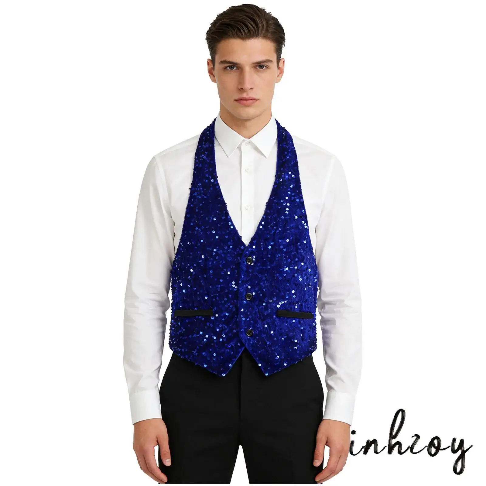 

Mens Dazzling Velvet Waistcoat with Sequined Glitter And Halter V Neck Design Backless Button Down Vest for Cocktail Party