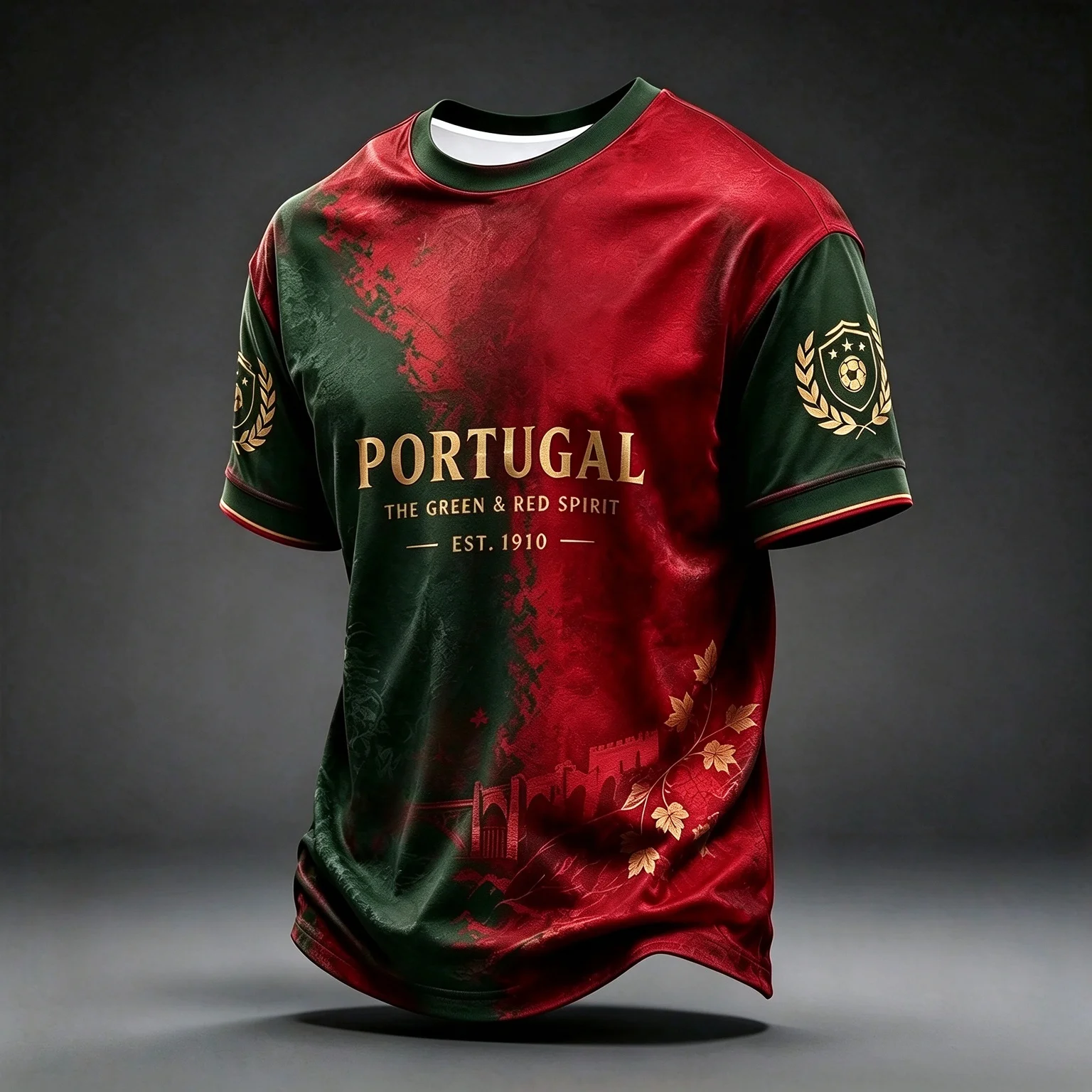 Trendy Portugal EST.1910 Men Sports T‑Shirt Building Silhouette Maple Leaf Gold Print Crew Neck Fan Tee Multi‑Color Link