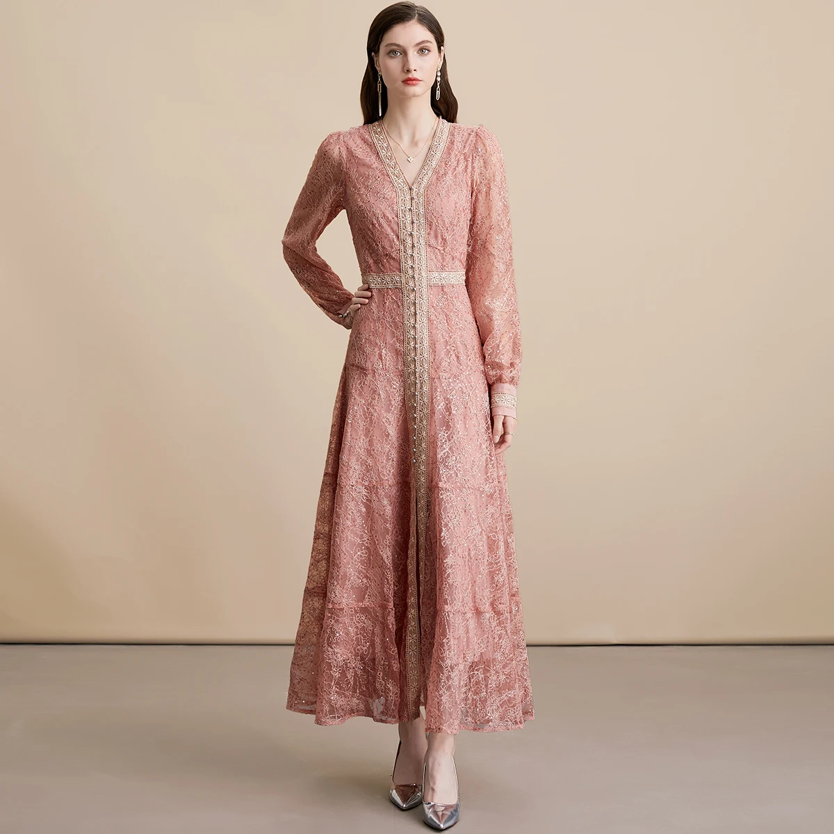 Vestidos largos elegantes de encaje para fiesta de graduación para mujer, vestido bordado de cintura alta con cuello en V y manga acampanada, moda femenina