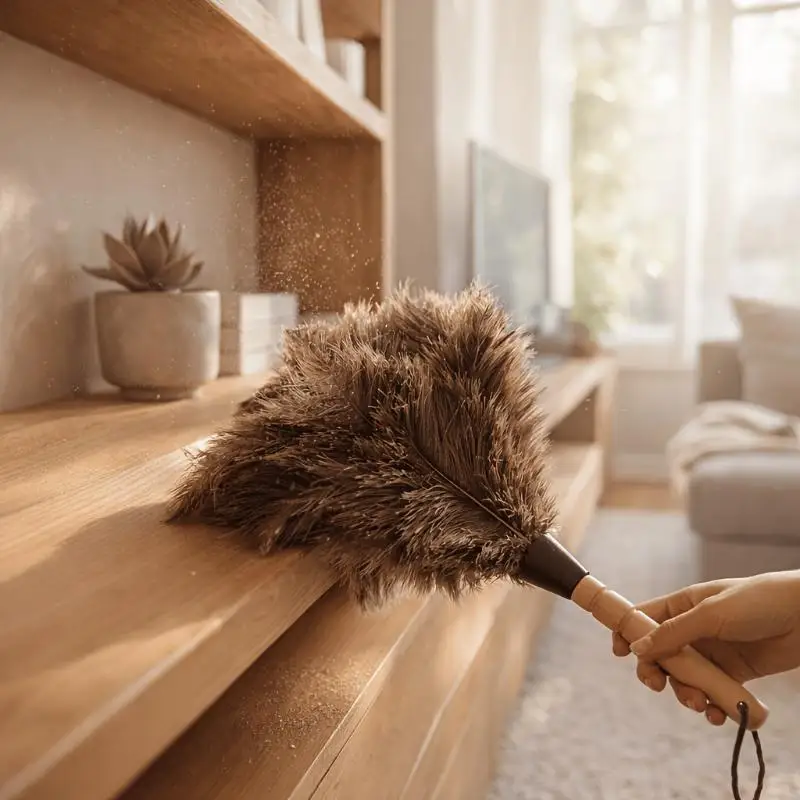 Natural Ostrich Feather Duster Ergonomic Wooden Handle Antistatic Dust Brush for Office Printer PC Cleaning