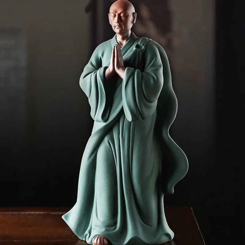 Chinese Porcelain Zi Sha Clay Monk Statue Figure Buddhism Office Zen Decor