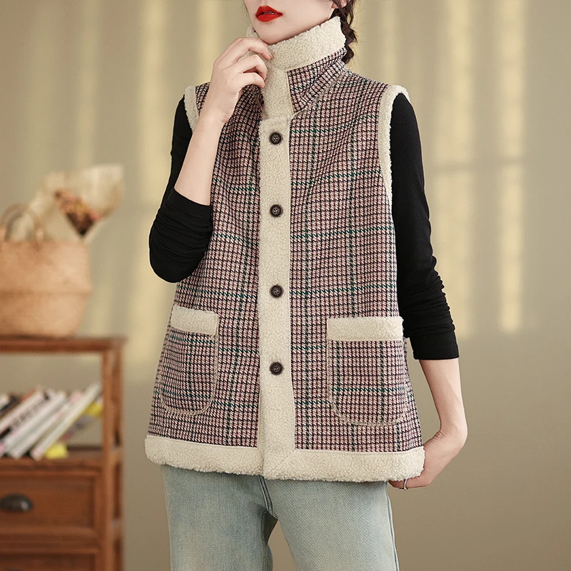 

Autumn Winter Plaid Vest Outerwear Women's Versatile Slimming Color Blo Sle Korean Faion Sweet Sle Polyester Fiber