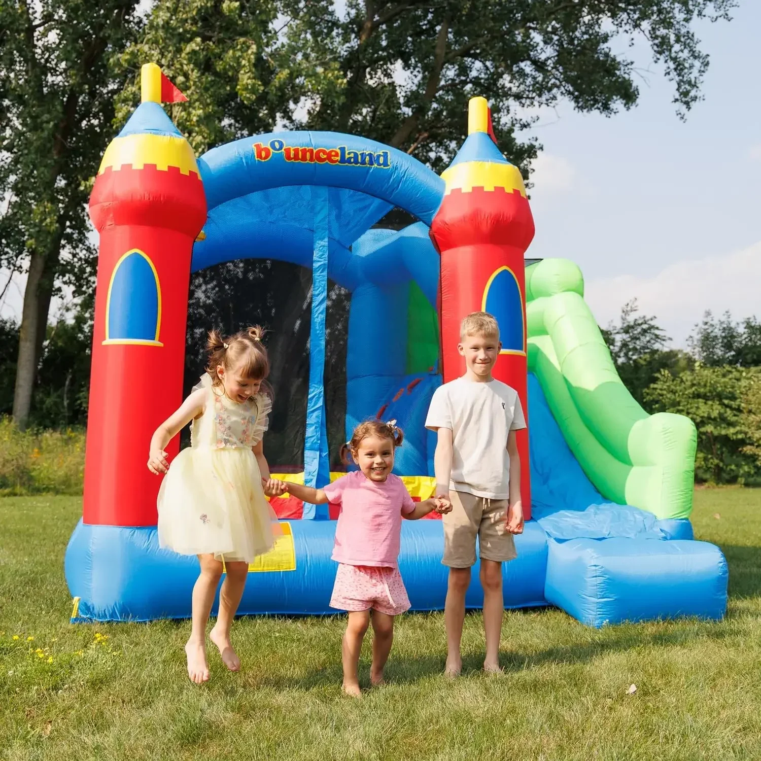 NEW.Bounceland Royal Inflatable Bounce House, with Long Slide, Large Bouncing Area, Basketball Hoop and Sun Roof