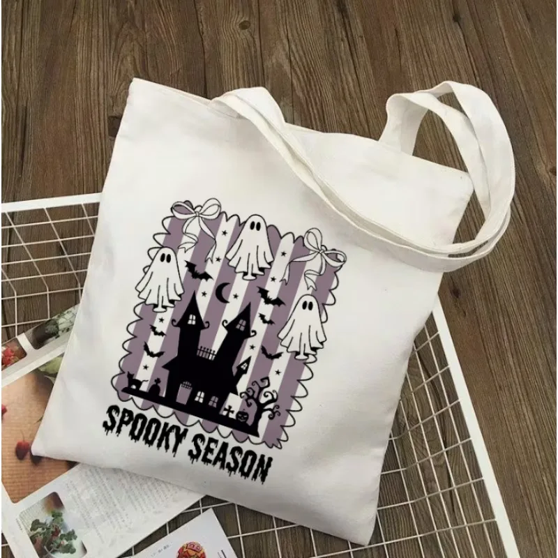 الأرجواني هالوين حقيبة قماش محمولة مع ملصقات الخياطة اليدوية قماش حقيبة التخزين حقيبة يد حفلة شنطة هدايا عيد الميلاد عيد الهالوين
