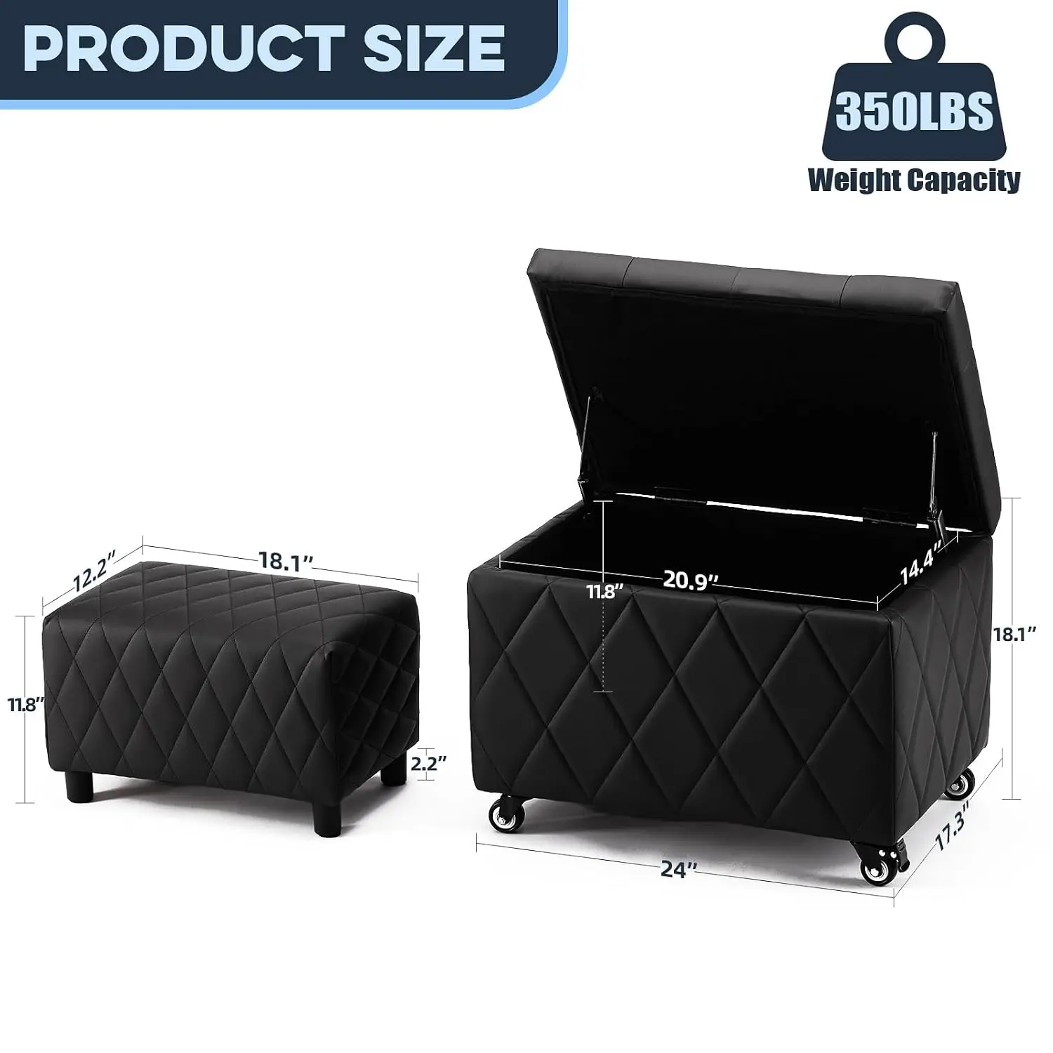 2-Pack Leather Storage Ottoman with Wheels 58L, Customized