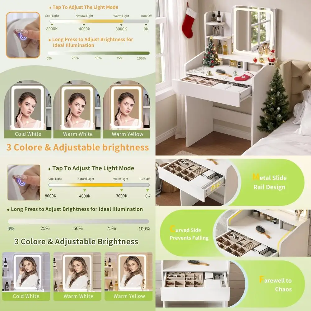 

Compact Vanity Desk with Mirror, Lights, and Storage for Makeup, Adjustable Brightness Makeup Table for Women and Girls Bedroom