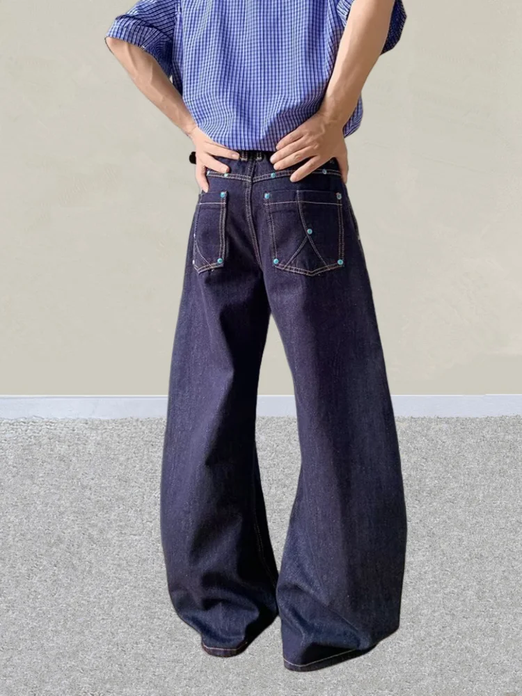 2025 사이버 Y2K 스트릿웨어 터키석 버튼 다크 블루 배기 청바지 남성 의류 스트레이트 데님 바지 팬츠