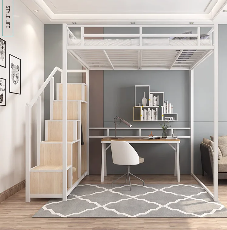 

Iron frame bed, bed, table, energy-saving space, iron art attic bed, multifunctional dormitory bed, elevated bed