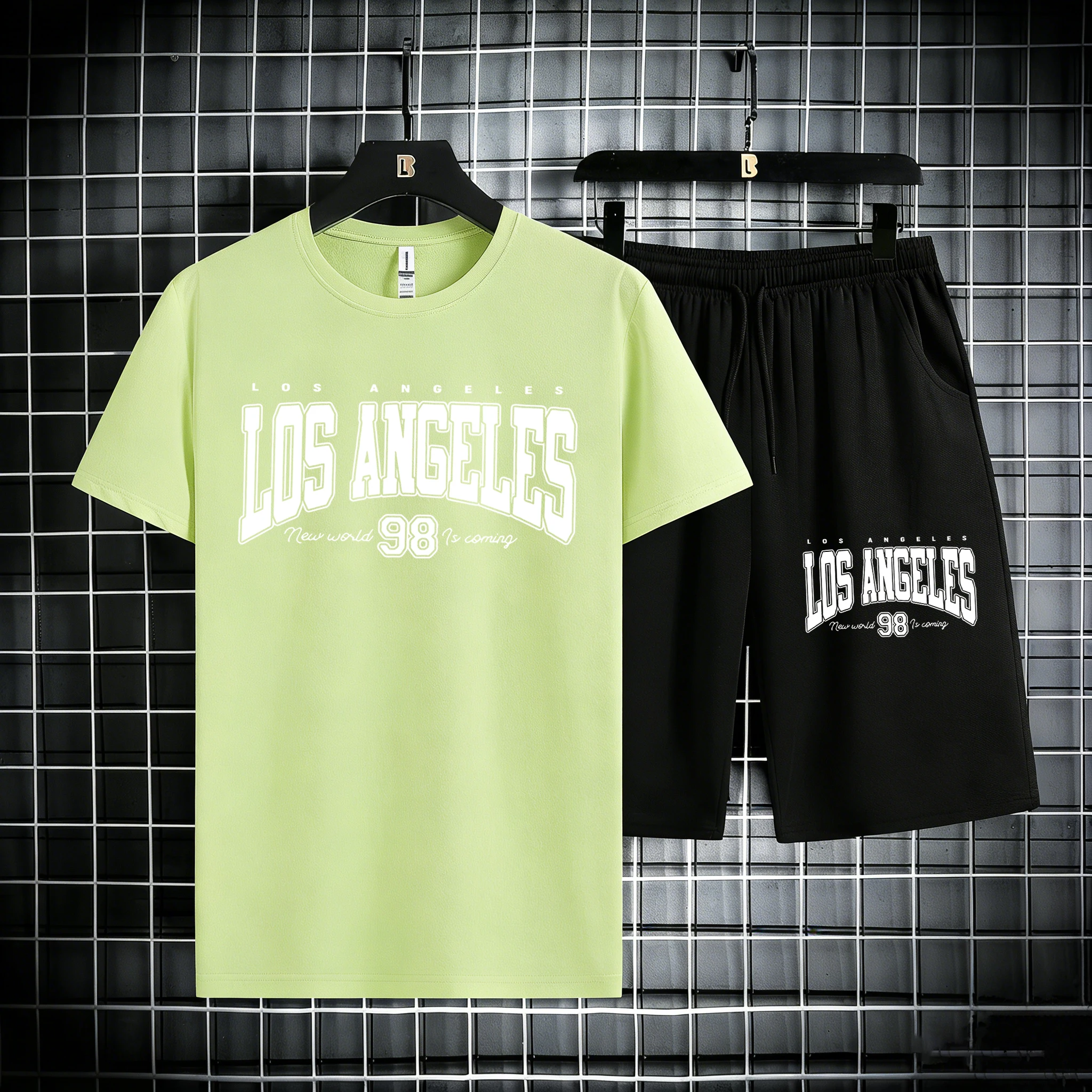 

Los Angeles New World Is Coming Print Mens Cotton Summer Beach Streetwear Suit Daily Fashion T Shirts Stretch Casual Short Pants