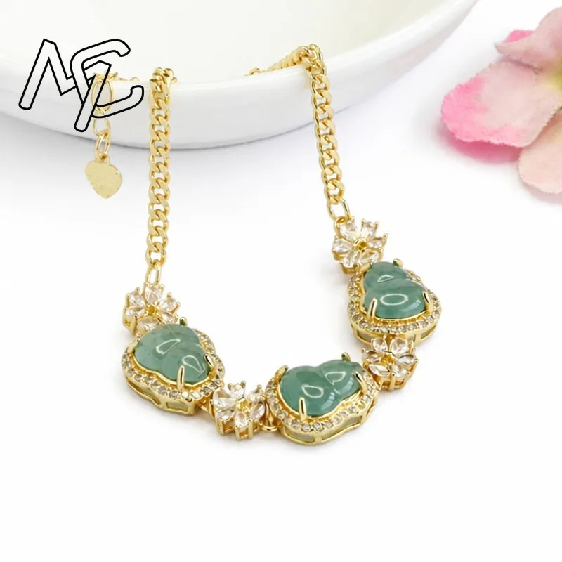 Natural A Grade Blue Water Jadeite Calabash Inlaid Bracelet Gold Plated Zircon Decor Lucky Gourd Gemstone Bracelet Jewelry Gift 3