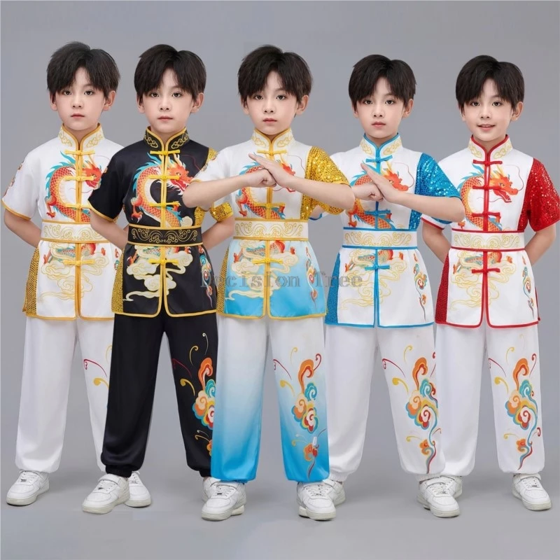 children's chinese style short sleeved buckle wushu set kids' printed breathable kungfu uniform set boys' performance costume