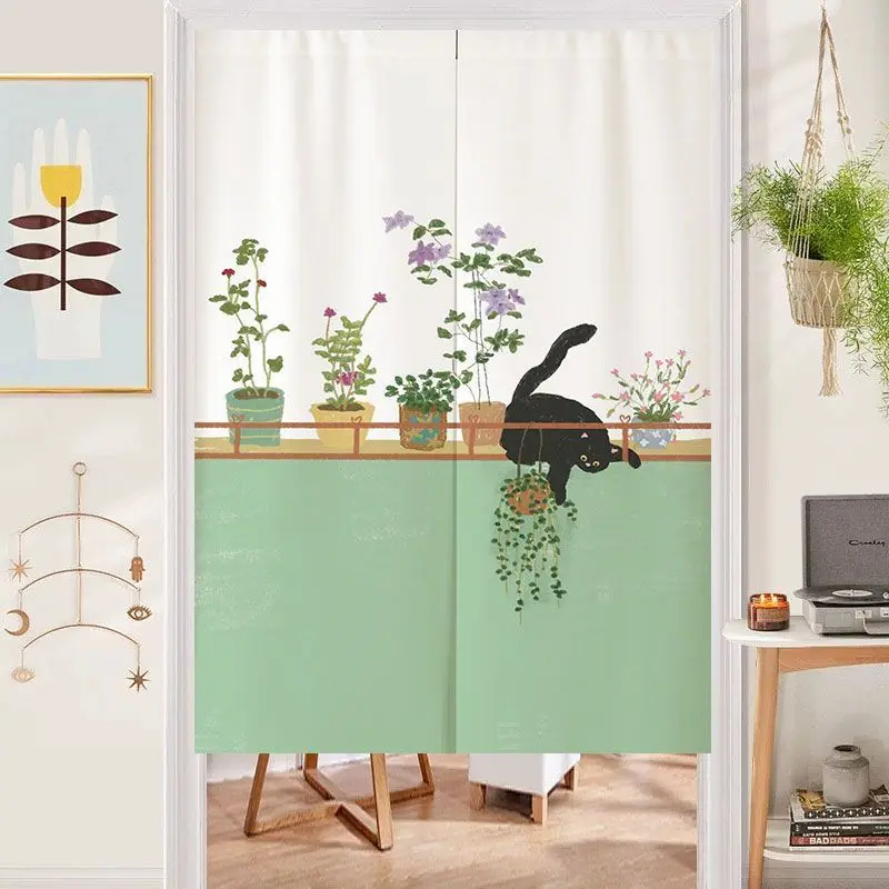 Forest Illustration Air Door Curtain Potted Plant Climbing Small Black Cat Home Use No Punching Room Cover Decorative Curtain