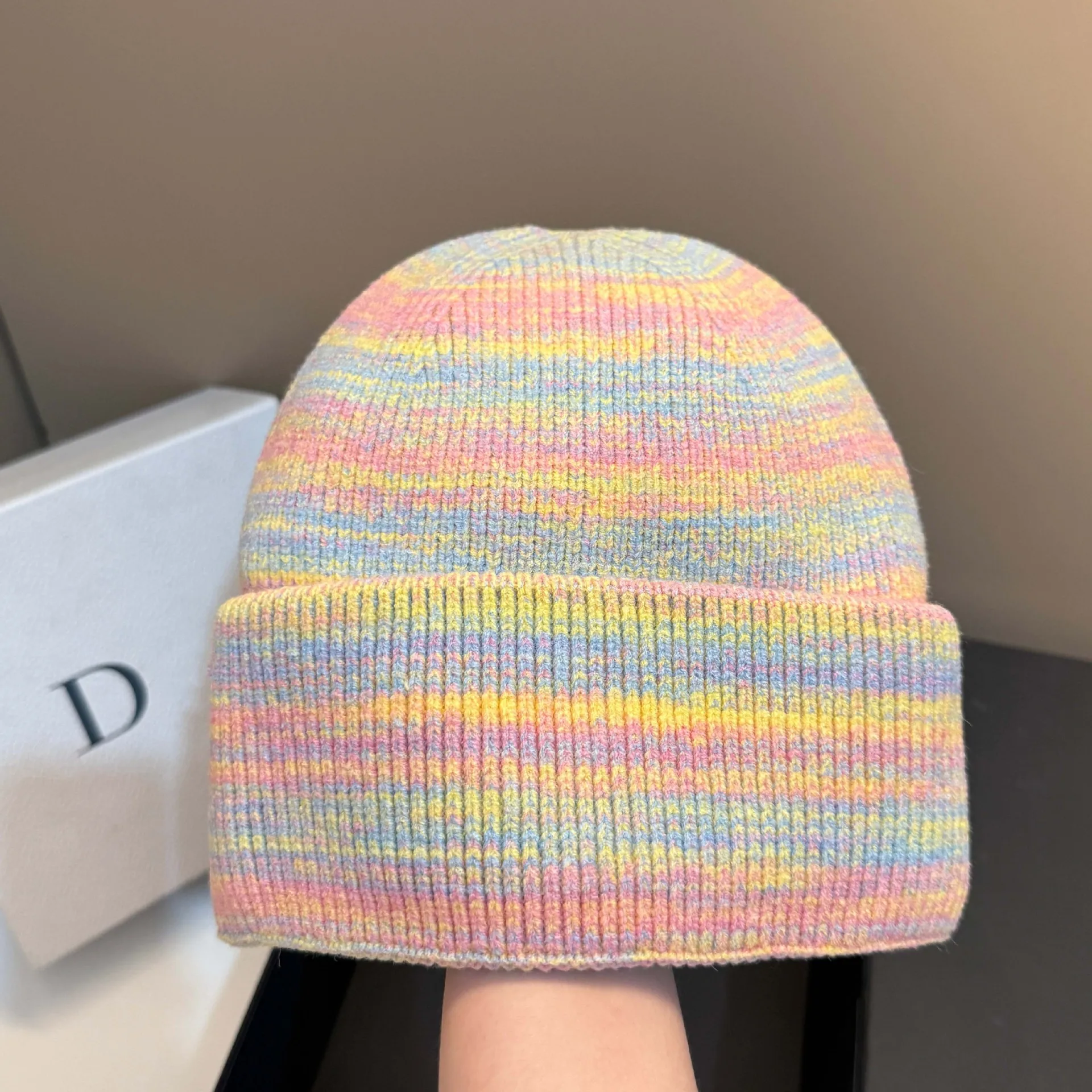 

2025 Trendy Dopamine Rainbow Winter Knit Hat - Ultra Warm Wool Beanie with Ear Protection, Stylish Age-Reducing Outdoor Cap