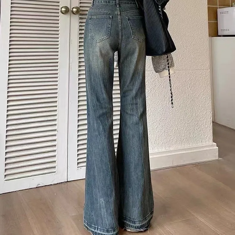 Jeans leggermente svasati retrò per donna Pantaloni in denim con fondo a campana dritto dimagrante a vita alta elastica Pantaloni femminili