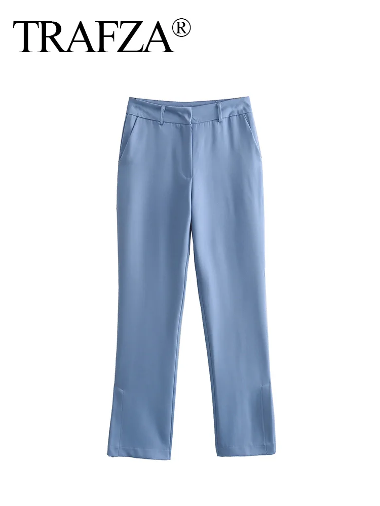 

TRAFZA Female Summer Blue Popular High Waist Pockets Zipper Trousers Women Chic Straight Wide Leg Ankle Length Street Pant TRAF