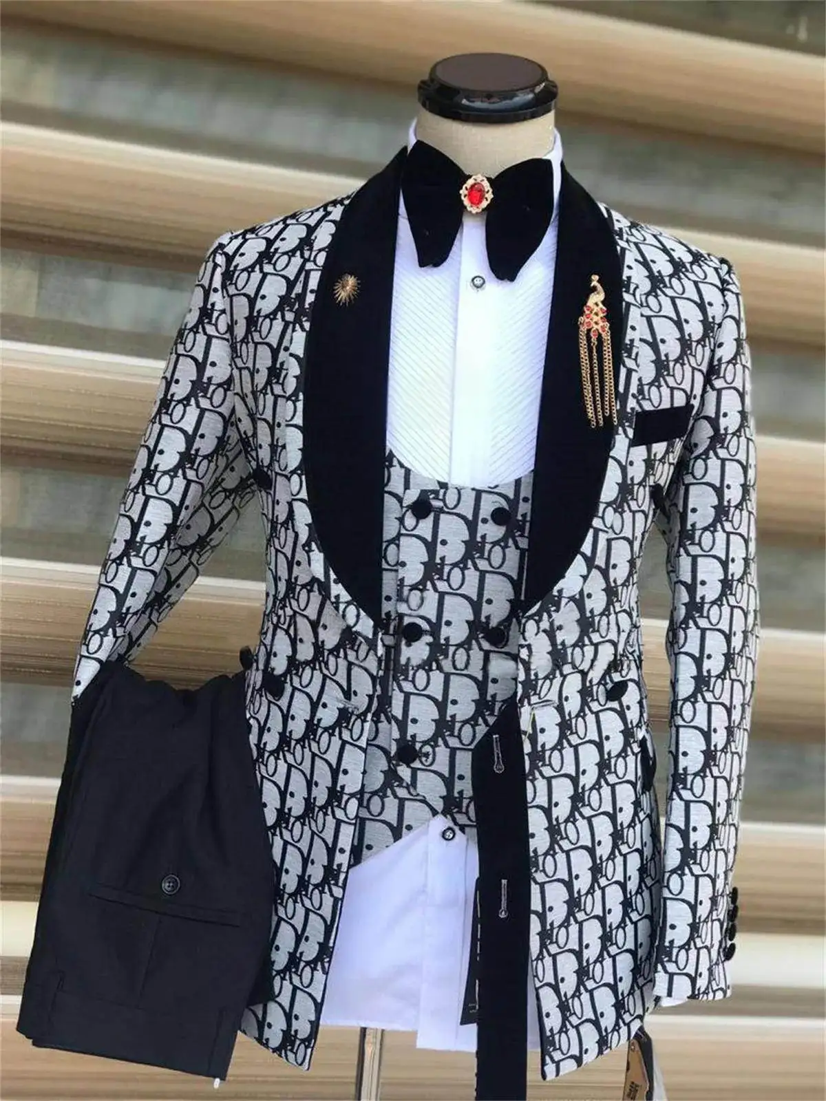 Męski garnitur w kwiatową kratę, marynarka, kamizelka, spodnie, krój slim fit, 3-częściowy, garnitury męskie, strój dla pana młodego, garnitur dla drużby, smokingi ślubne, kostium Homme Mariage
