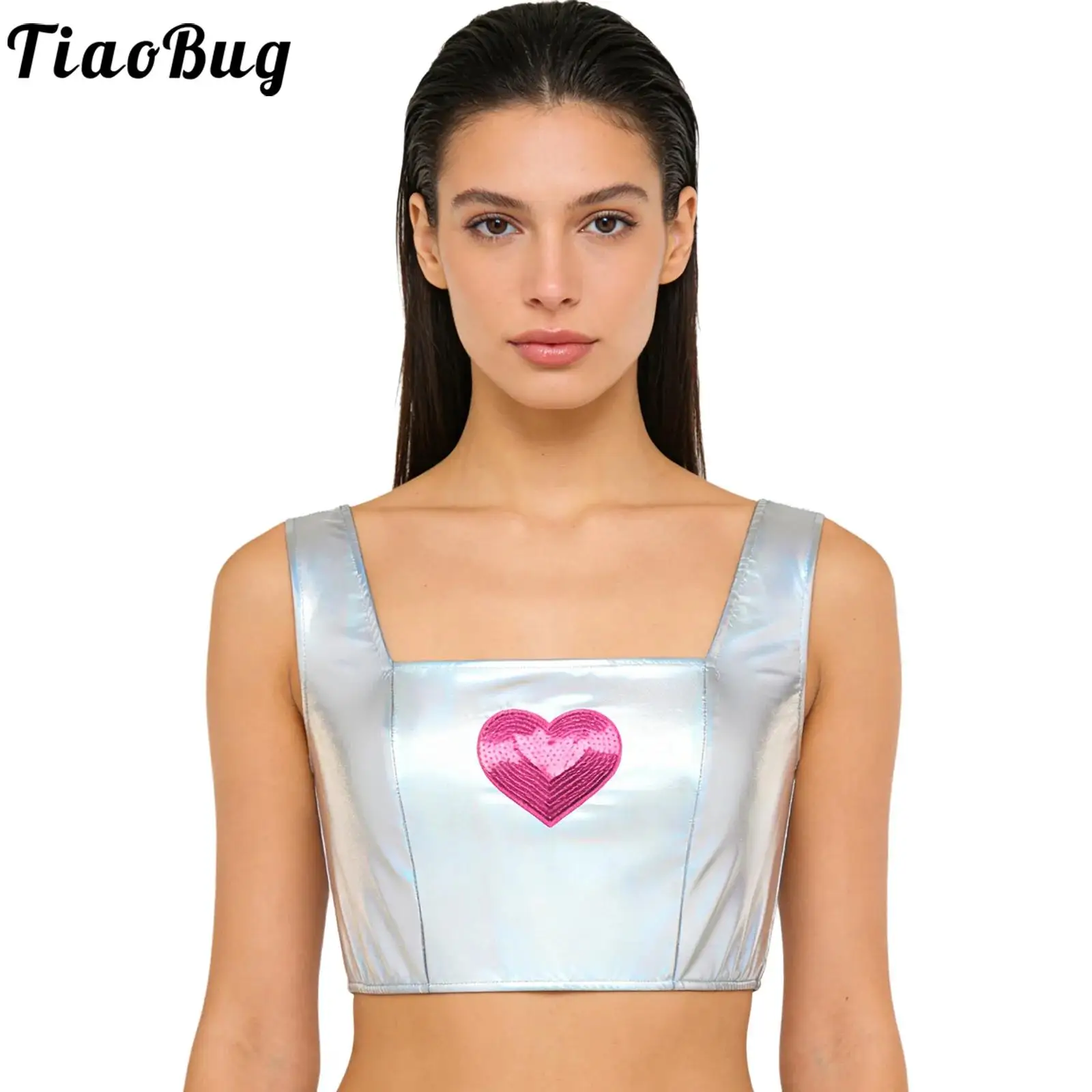 

Women Metallic Shiny Sequined Heart Cropped Tank Top Square Neck Sleeveless Top Vest for Street Modern Dance Rave Party Clubwear