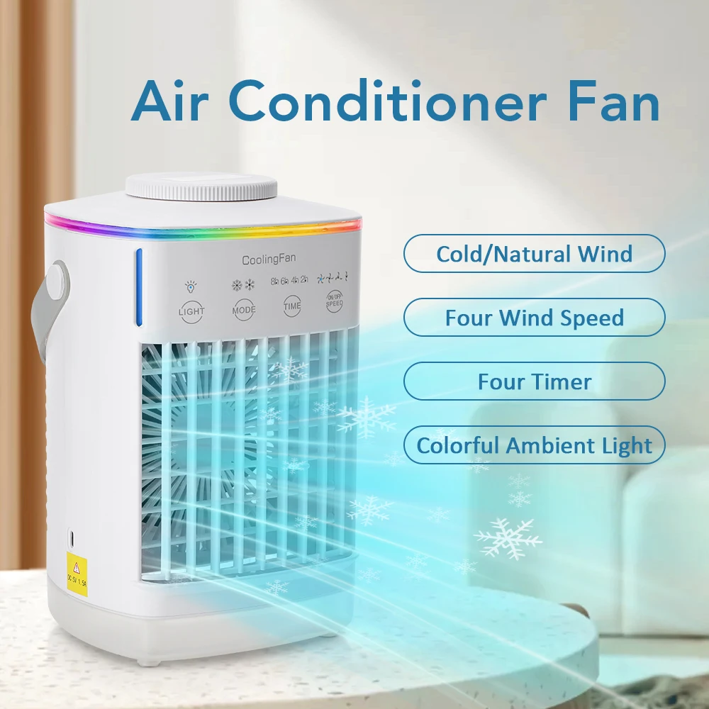 Portable Air Conditioner with Colorful Atmosphere Light Water Cooling Fan USB Table Fan 700ml Water Tank Desktop Fan Humidifier