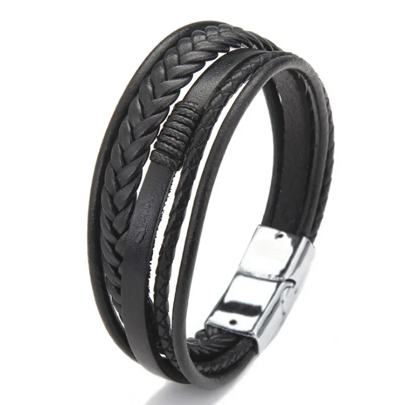 20cm Length Men Leather Rope Braided Bracelet Hot Sales Alloy Magnetic Buckle Bracelets Bangles Female Party Jewelry