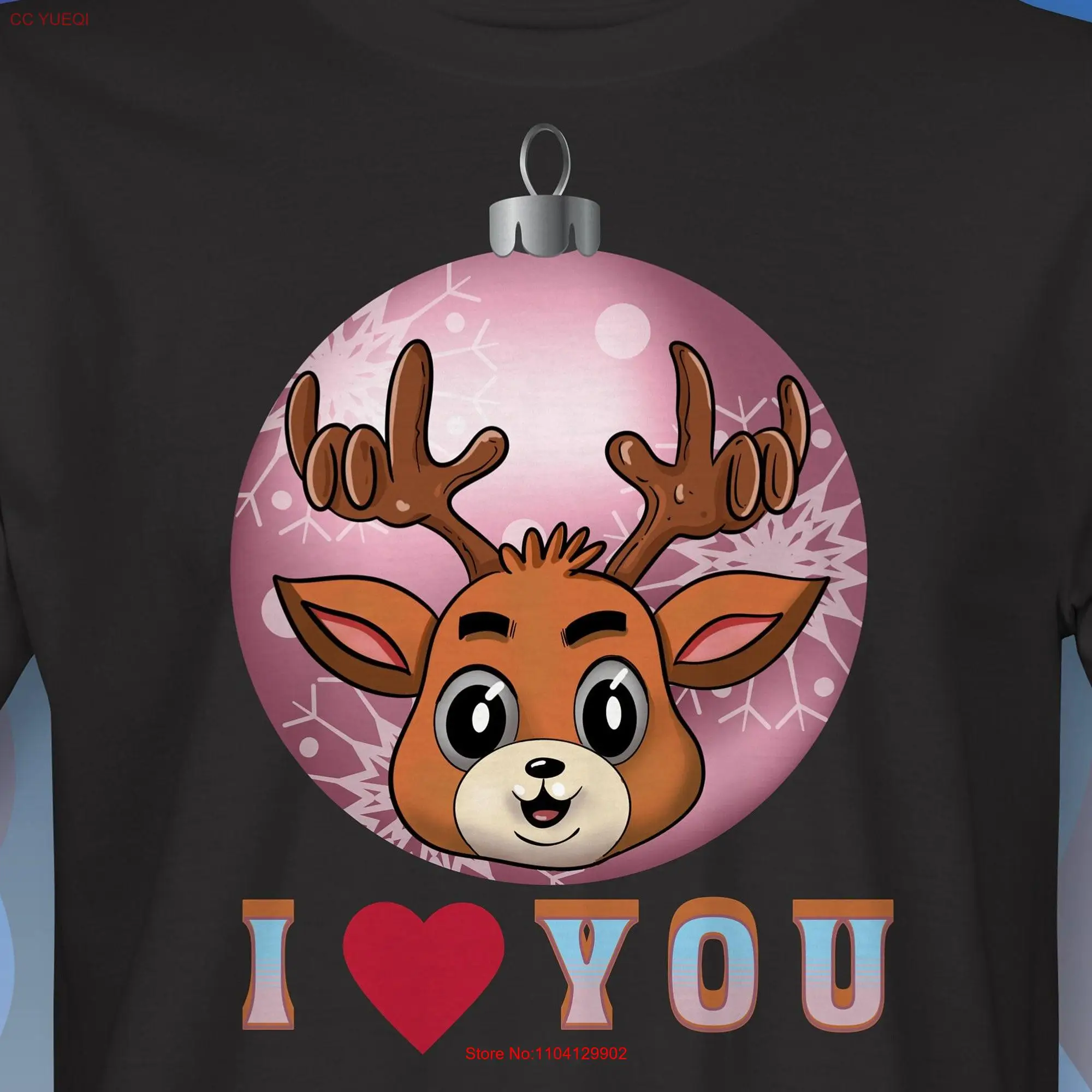 Cute Deer with American Sign Language ASL I Love You Antlers on a Christmas Ornament Background T Shirt RM0312