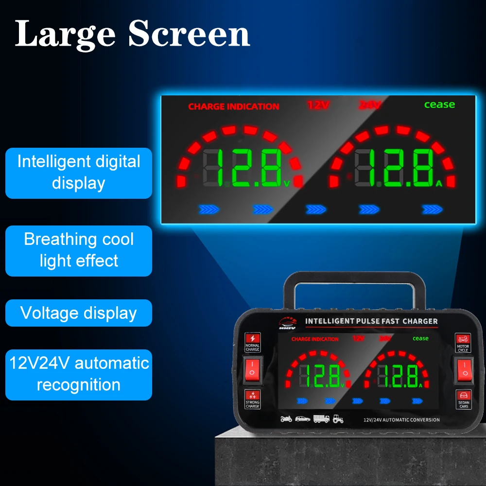 12V/10A 24V/5A Car Battery Charger Fully Automatic Pulse Repair EU Plug High Power For Lead Acid AGM GEL Batteries 150W