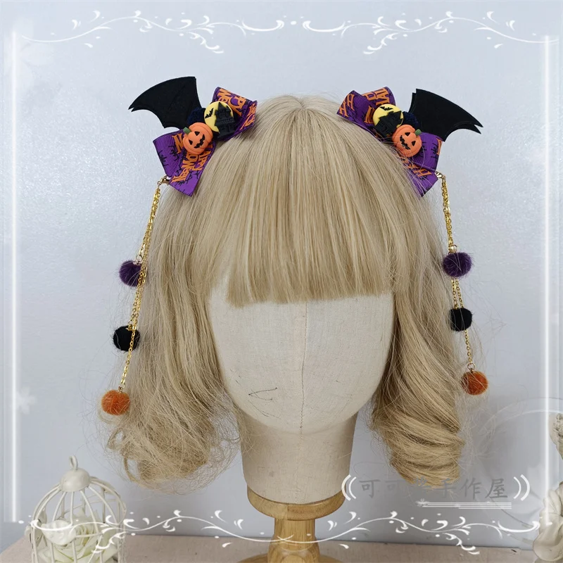 

Lolita Halloween Bow a Pair of Hairclips Funny Pumpkin Hair Accessories Witch Bat Wings Headdress