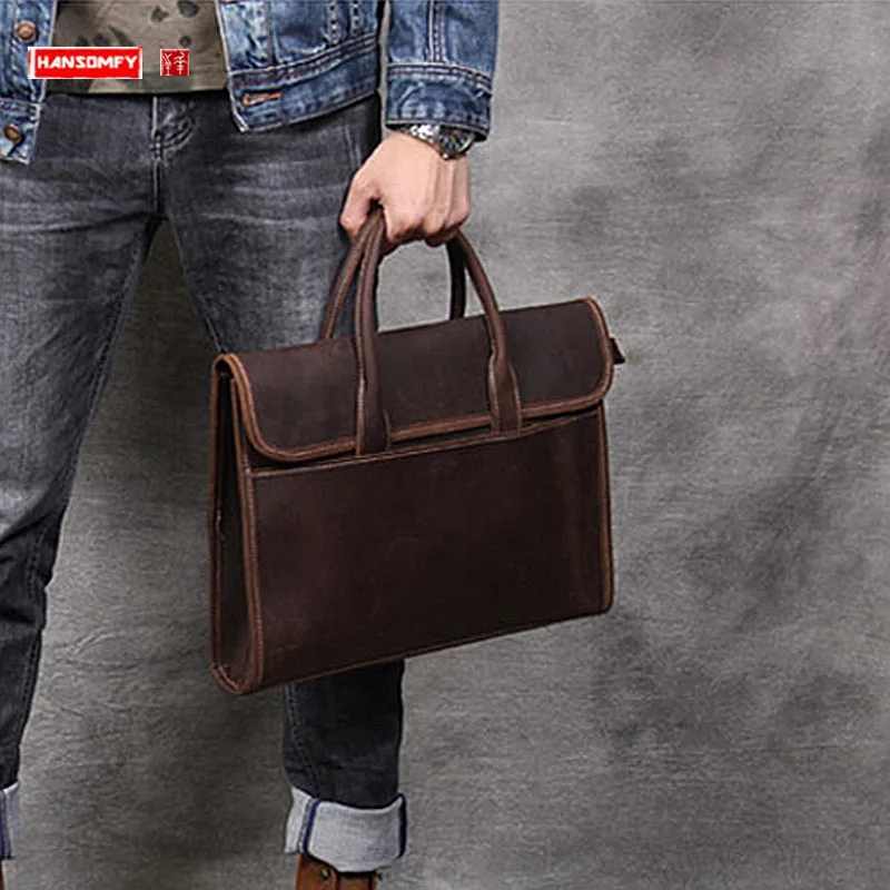 

Business Men Briefcase Genuiune Leather Handbag Male Shoulder Messenger Bag Laptop Bags Retro Handmade Original Casual