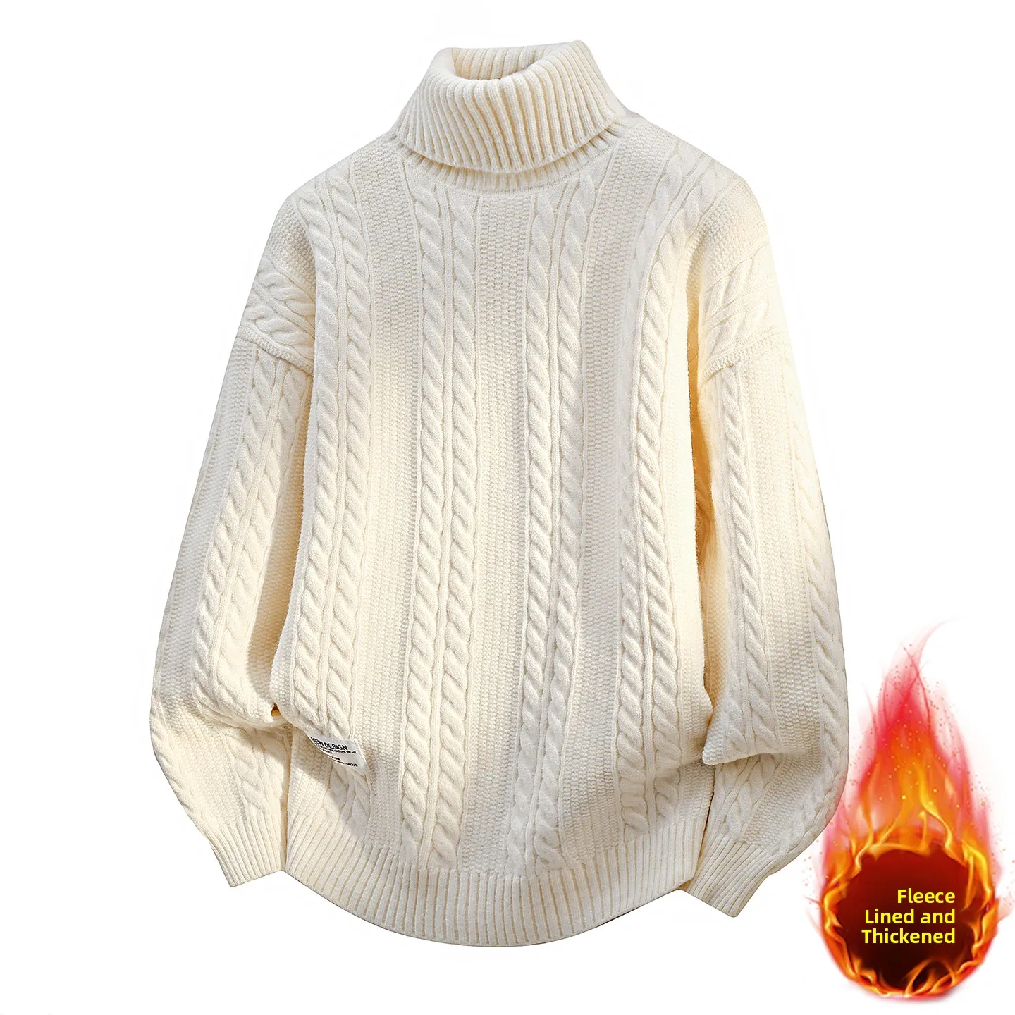 

Мужской вязаный свитер с высоким воротником на флисовой подкладке, утепленный, свободного кроя, повседневный, теплый, с длинными рукавами, зимний топ