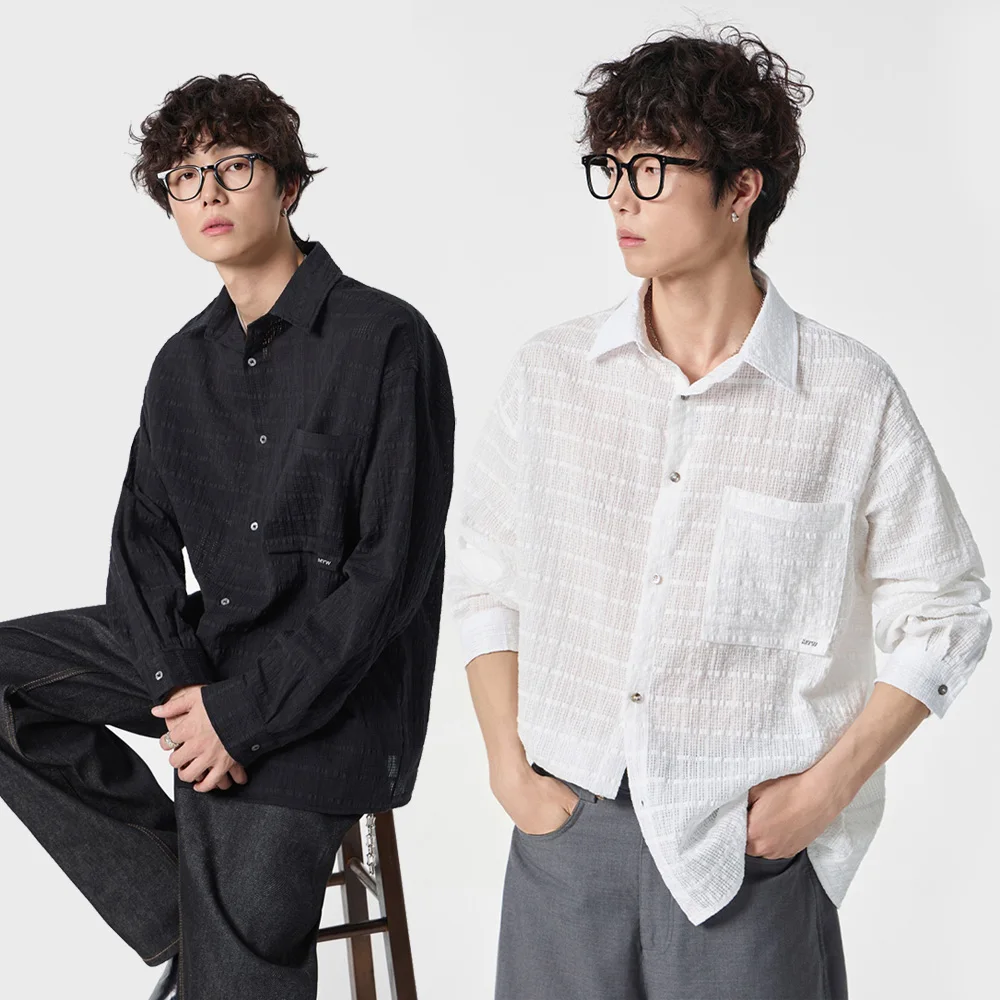 

Мужская прозрачная легкая рубашка оверсайз в уличном стиле, модная, для активного отдыха, свободного кроя, с длинным рукавом, больших размеров, в стиле карго, топы