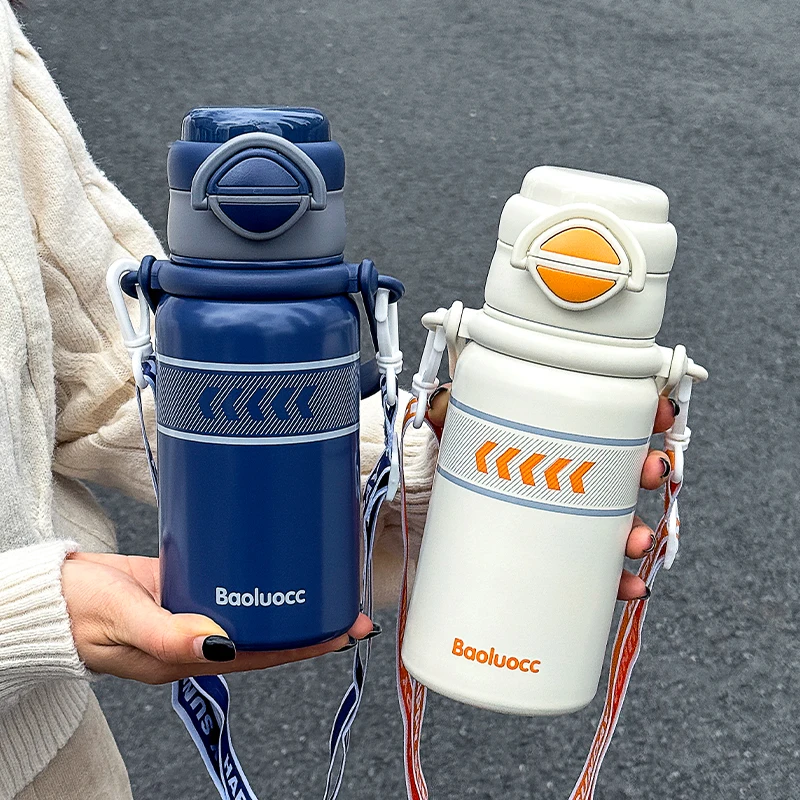 

1pc 600ml Stainless Steel Insulated Water Bottle, Portable with Strap & Handle, Dual Drink Design, Travel Sports Kettle
