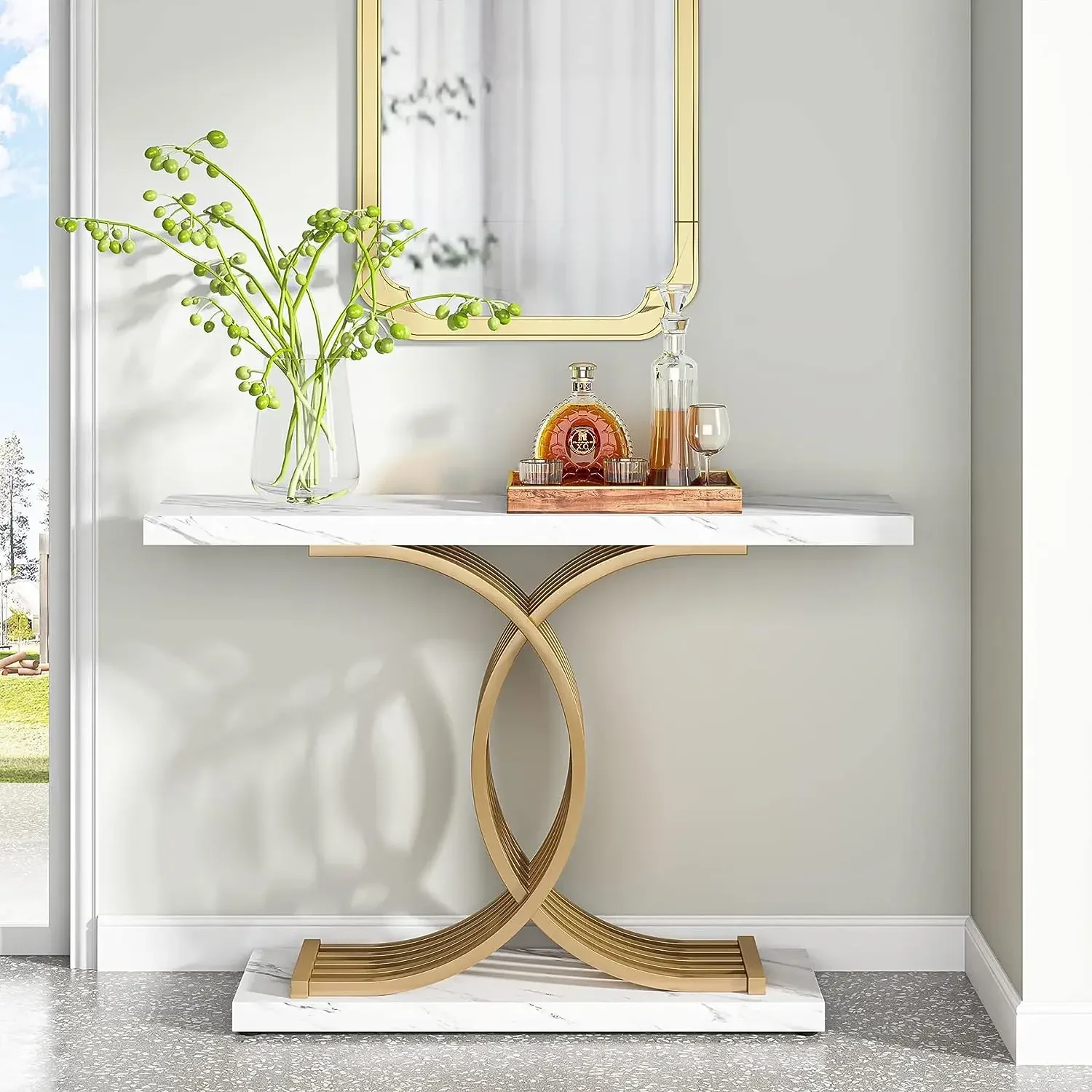 Gold Entryway Table, Modern 39-Inch Console Faux Marble Narrow Wood Sofa with Geometric Metal Legs