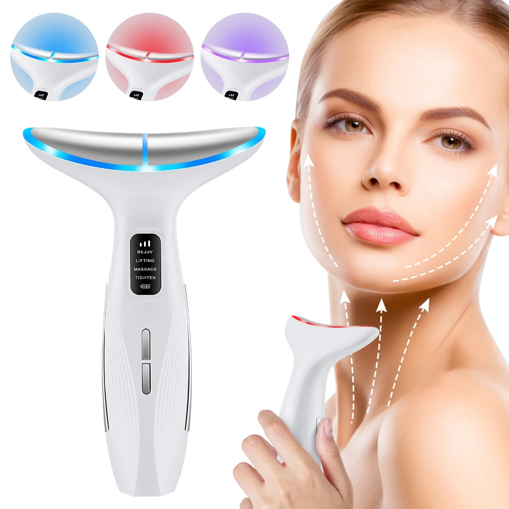 Dispositif de beauté du cou LED à microcourant, Machine de Lifting du visage, 3 couleurs légères, soins de la peau, 45 ° C Compresse chaude à température constante
