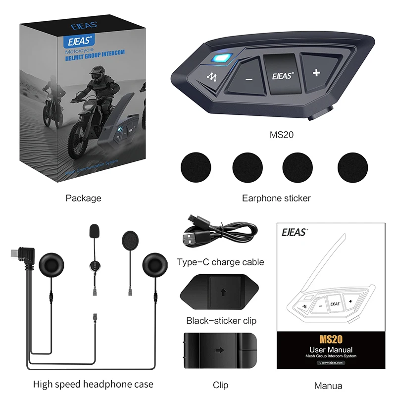 

EJEAS MS 20 3000 Meter 1200mAh Wireless Bluetooth Intercom Motorcycle Helmet Headset Support FM EUC APP Blue Tooth Intercom