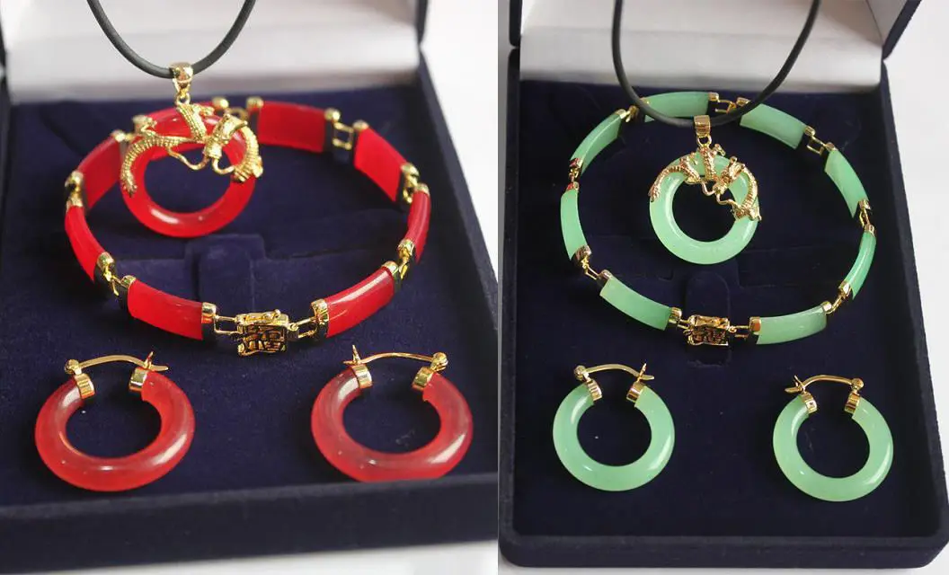 Natural Light Green Red Jade 18KGP Dragon Pendant Necklace Earrings Bracelet Set