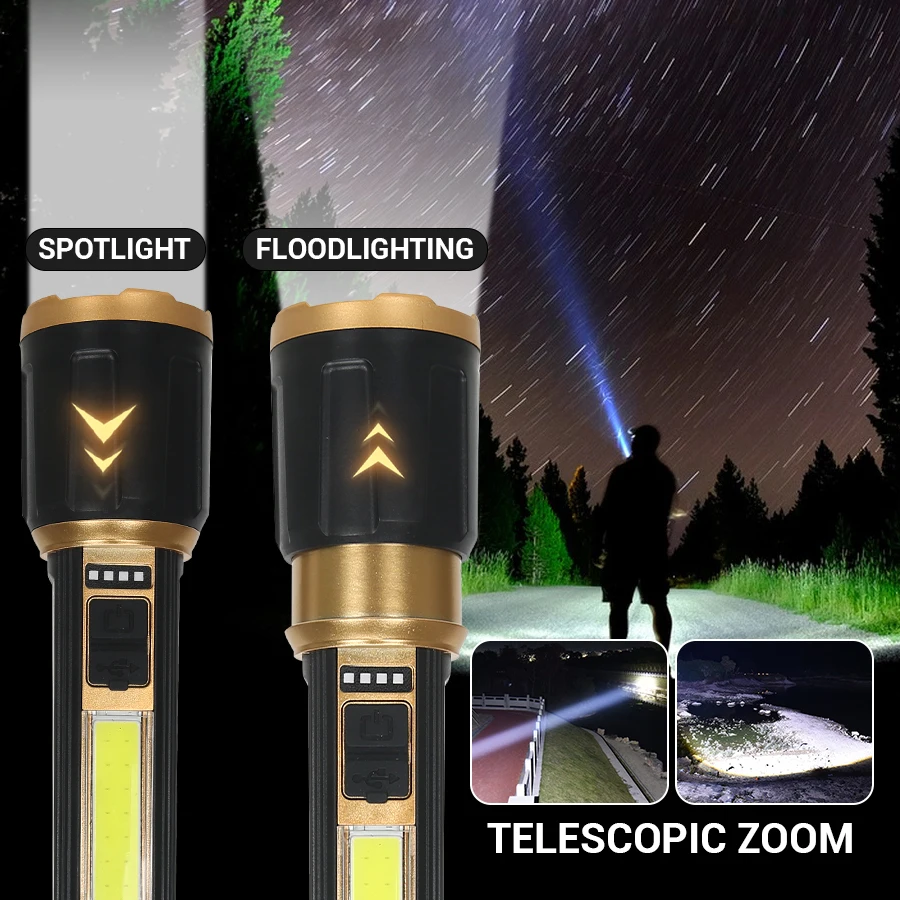 1/A Set Super Bright LED Flashlights USB Rechargeable Telescopic Zoom Tactical Torch Portable Long-Range Camping Fishing Lantern